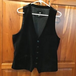 H&M Vest Waistcoat Mens 40 Black Velvet Feel V-Neck Button Front Adjustable Back